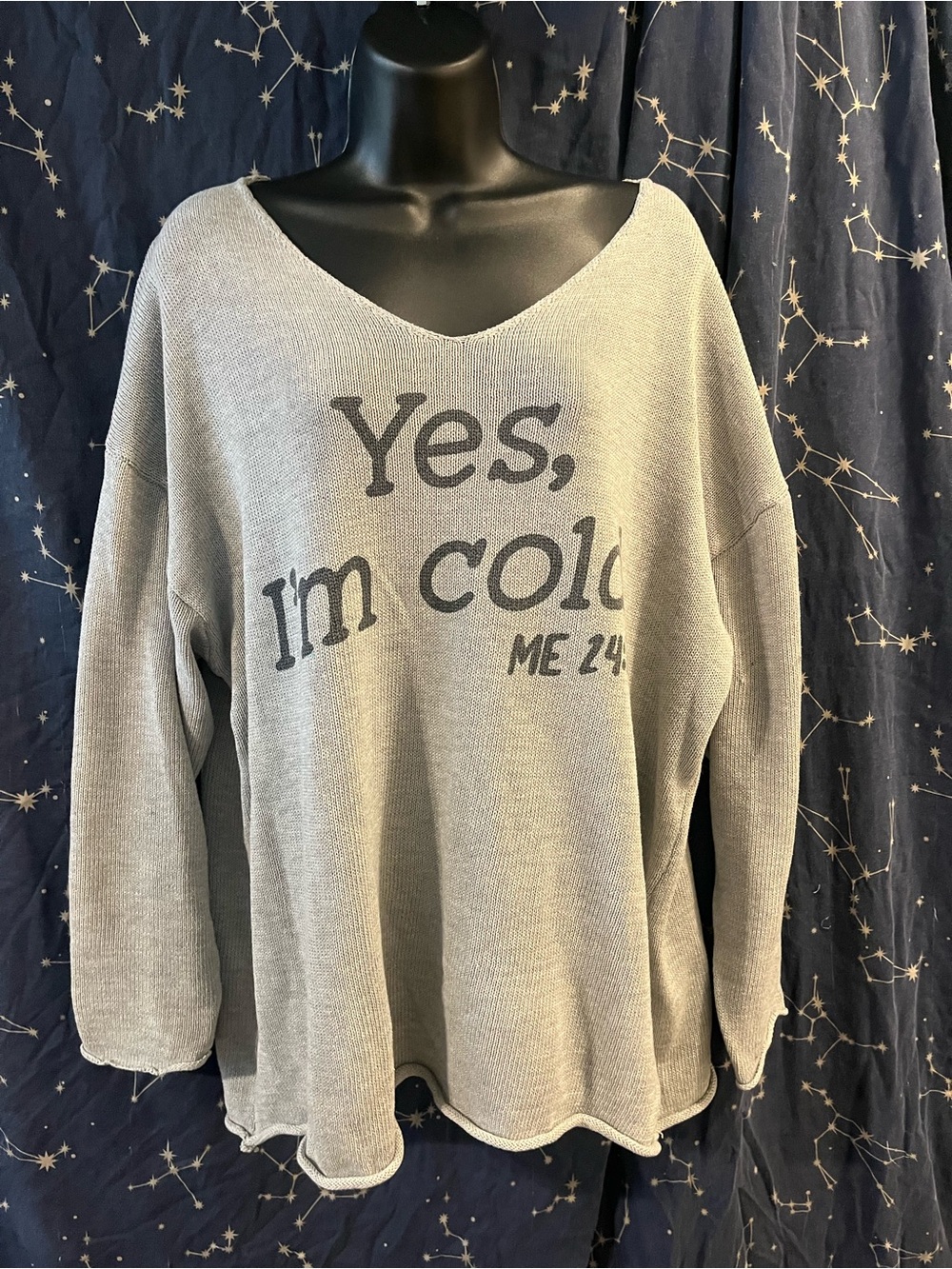 Lands' End Gray V-Neck Graphic Sweater - "Yes, I'm Cold"